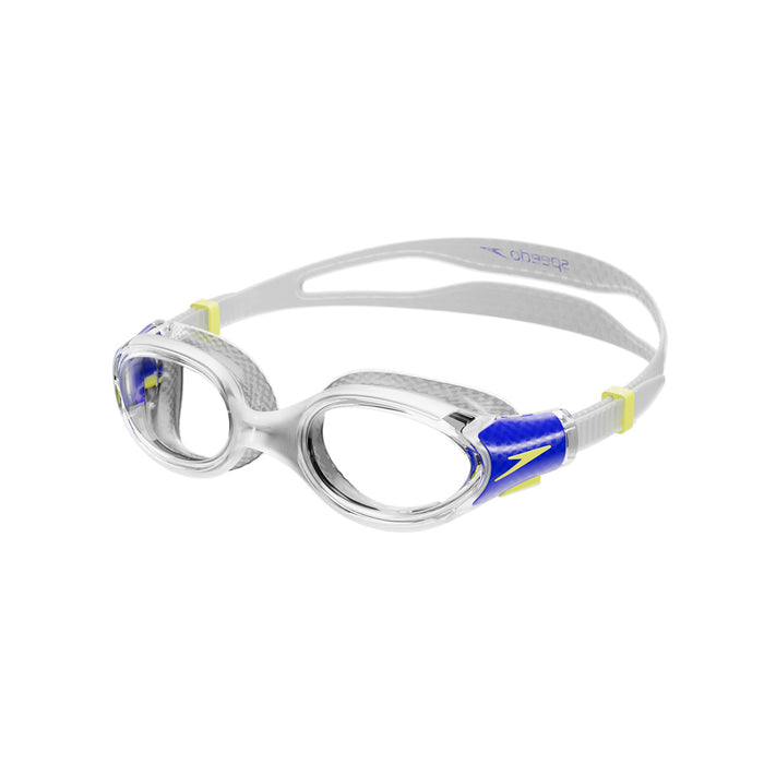 Speedo Biofuse 2.0 Junior swimming goggles in white with adjustable straps and clear lenses.