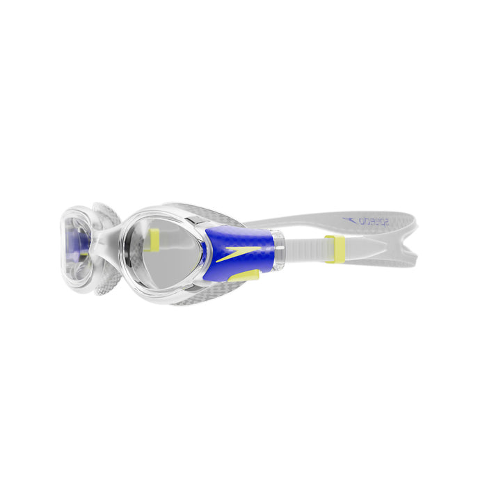 Speedo Biofuse 2.0 Junior swimming goggles in white, featuring comfortable seals and adjustable straps for kids.