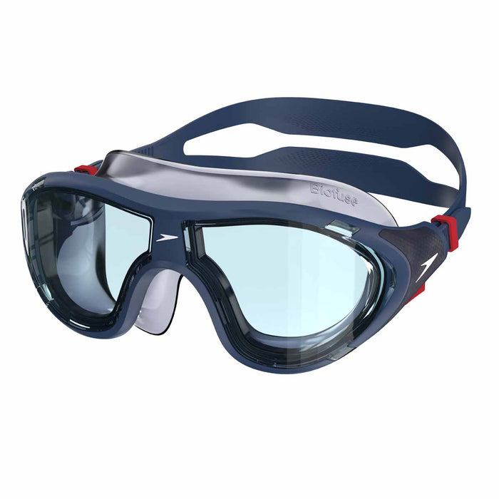 Speedo Biofuse 2.0 navy swimming goggles with adjustable straps and clear lenses for comfortable water protection.