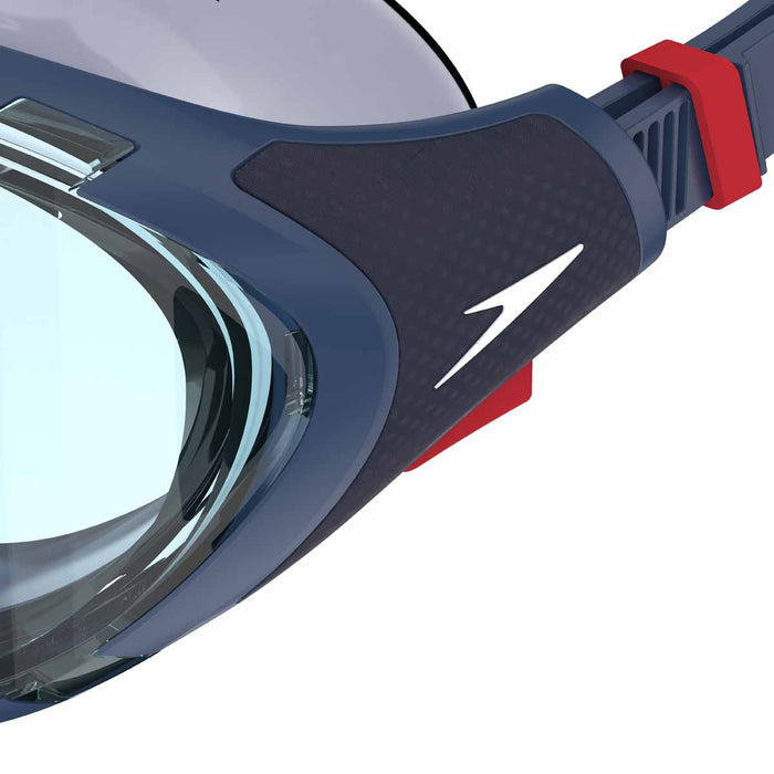 Speedo Biofuse 2.0 navy goggles with adjustable straps and soft silicone seals for comfortable swimming.