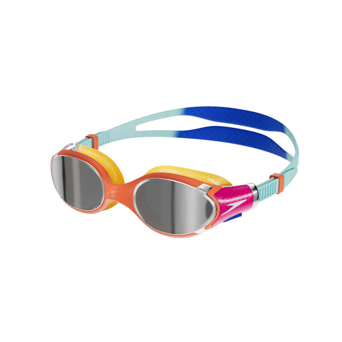 Speedo Biofuse 2.0 Mirror Junior orange swimming goggles with mirrored lenses and adjustable strap for kids.