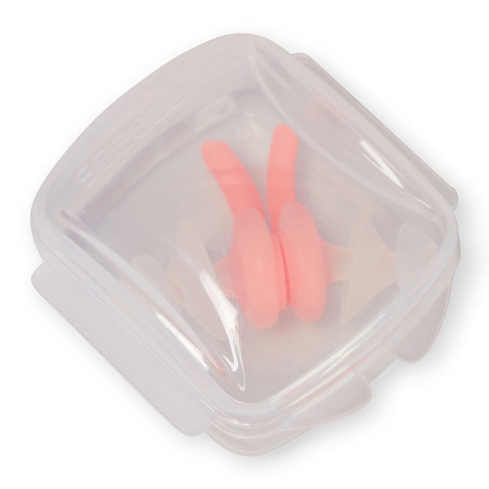 Orange Speedo Biofuse earplugs designed for swimming, showing soft, flexible silicone tips in a compact, portable case.
