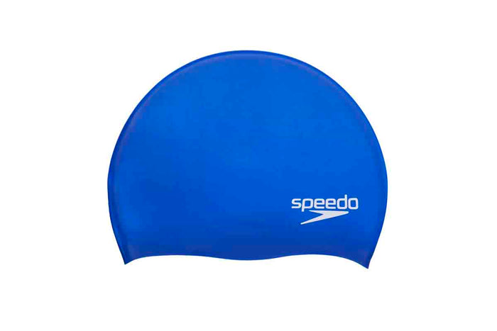 Blue Speedo Biofuse solid swimming cap, a comfortable swim hat designed for optimal fit and protection in the water.