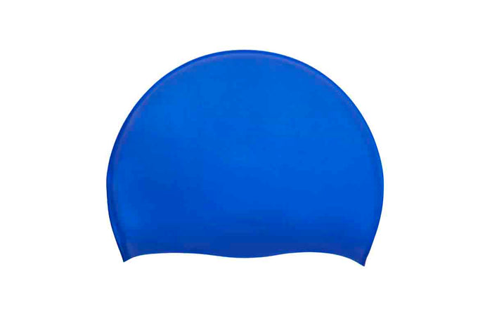 Blue Speedo Biofuse solid swimming cap, comfortable swim hat designed for swimmers, made of flexible, durable material.