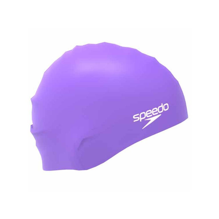 Speedo Biofuse solid purple swimming cap for comfortable and streamlined swim hat, made of durable, flexible material for swimmers.