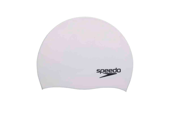 White Speedo Biofuse solid swimming cap for comfortable, streamlined swim hats designed for swimmers.