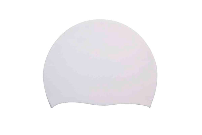 White Speedo Biofuse solid swimming cap made of flexible, durable material for comfortable swimming.