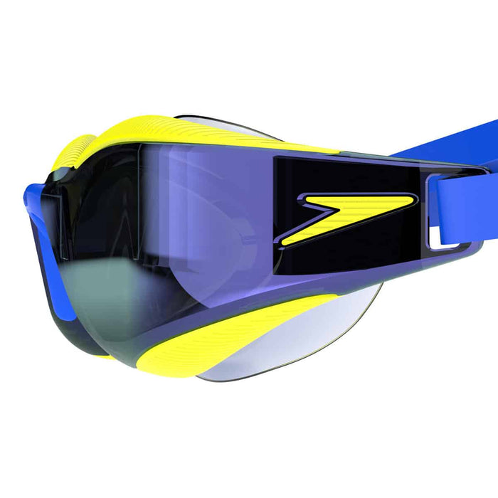 Speedo Fastskin Hyper Elite Mirror goggles in Deep Royal, Cobalt, and Iris mirror lenses, designed for competitive swimming.