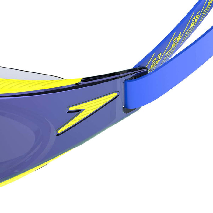 Speedo Fastskin Hyper Elite Mirror goggles in Deep Royal, Cobalt, and Iris with reflective mirrored lenses for swimming.