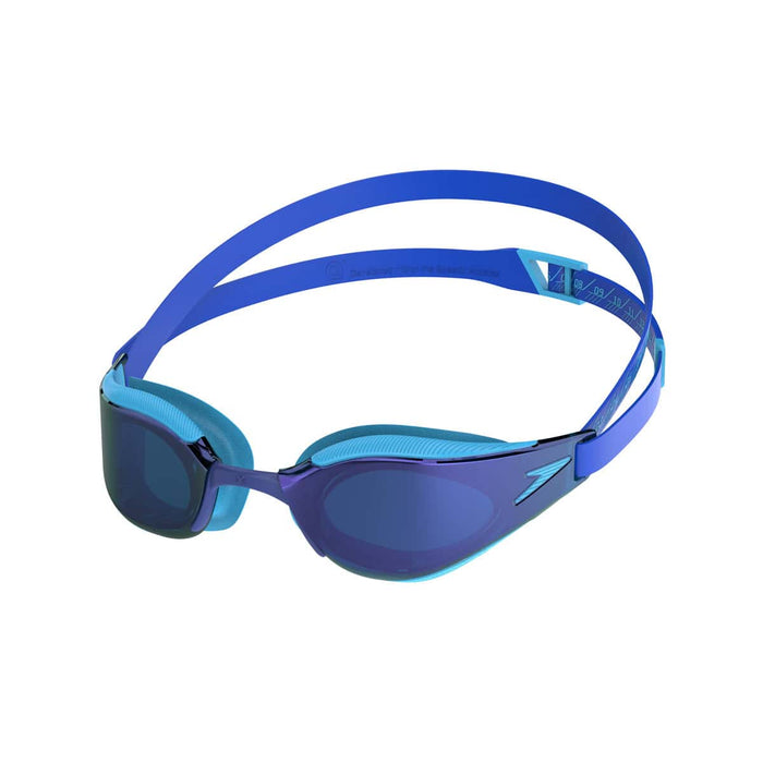 Speedo Fastskin Hyper Elite Mirror Junior goggles in Picton Blue, Cobalt, and Iris with reflective lenses.