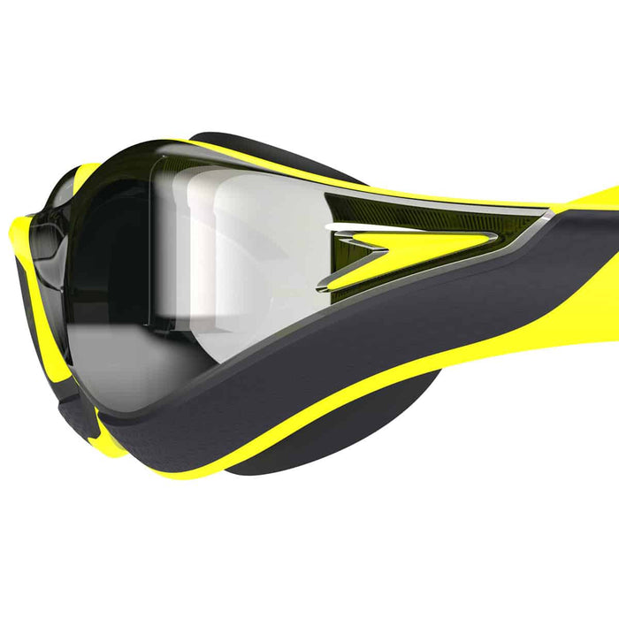 Speedo Fastskin Pure Focus Mirror goggles in hyper yellow, smoke, and silver mirror lenses for swimming.