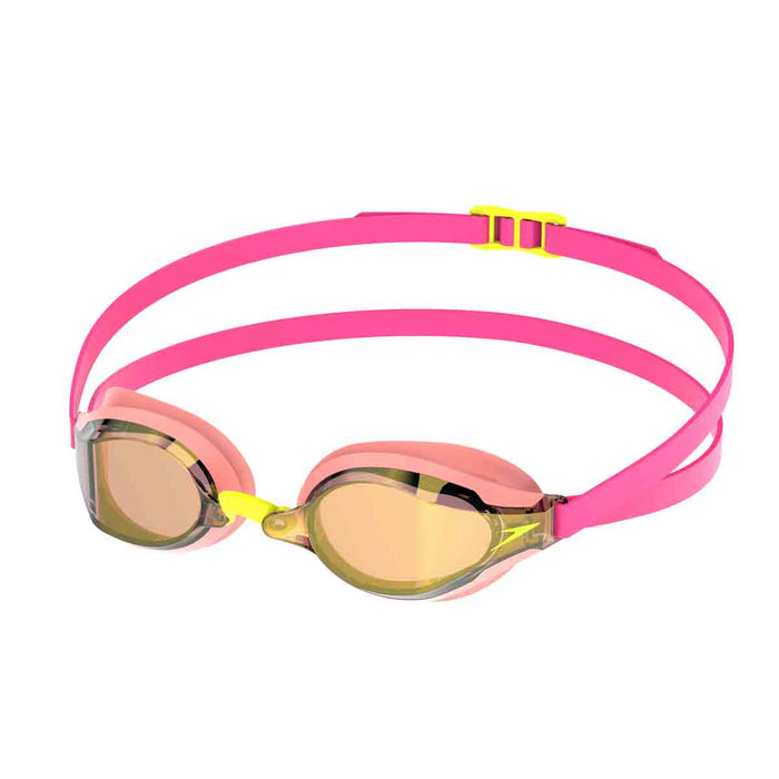 Speedo Fastskin Speedsocket 2.0 mirror goggles in green and pink, featuring a sleek design for competitive swimming.