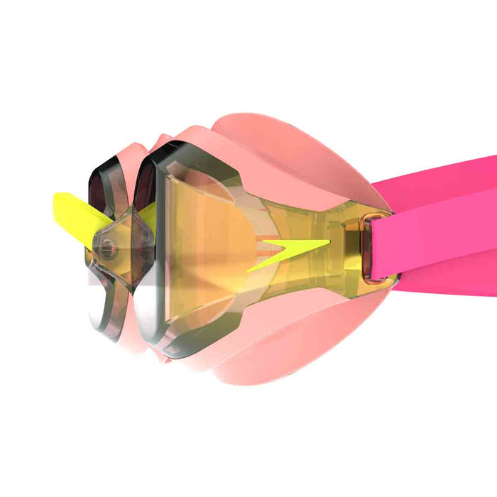 Speedo Fastskin Speedsocket 2.0 mirror goggles in green and pink with adjustable straps and reflective lenses for swimming.