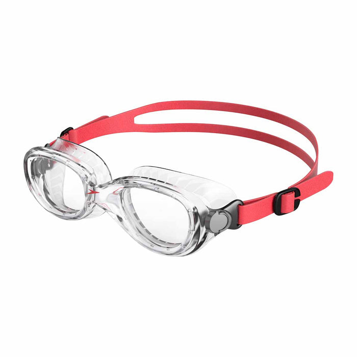 Speedo Futura Classic Junior Goggle in red and clear, waterproof swim goggles for kids with adjustable straps and comfortable fit.