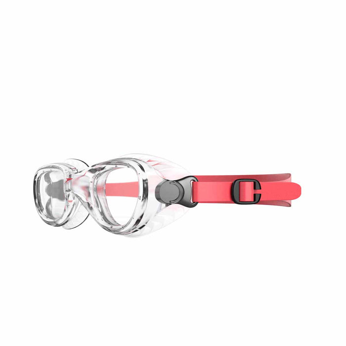 Speedo Futura Classic Junior swimming goggles in red and clear with adjustable straps and anti-fog lenses.