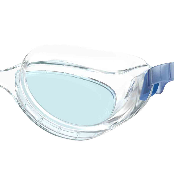 Speedo Futura Hydrospex clear swimming goggles showing adjustable straps and clear lens for comfortable water viewing.