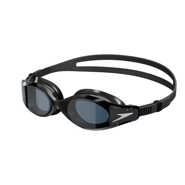 Speedo Hydrosity 2.0 goggles in black and grey with adjustable straps and clear lenses for swimming.