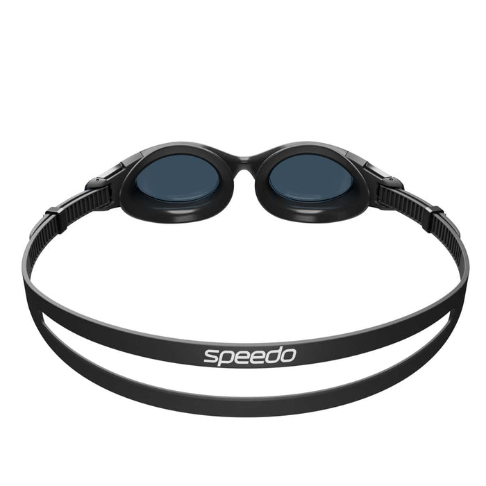 Speedo Hydrosity 2.0 swimming goggles in black and grey with adjustable straps and clear lenses for comfortable swim training.