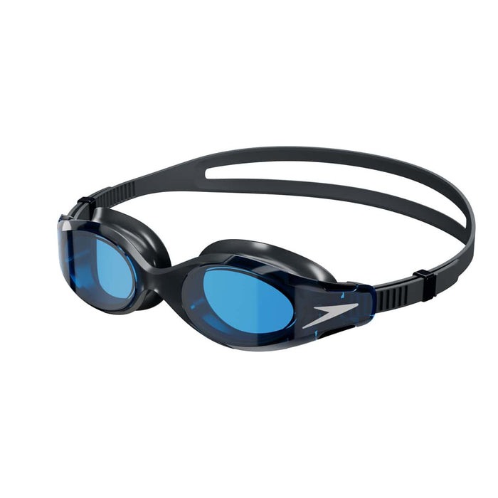 Speedo Hydrosity 2.0 goggles in grey and blue with adjustable straps and clear lenses for swimming.