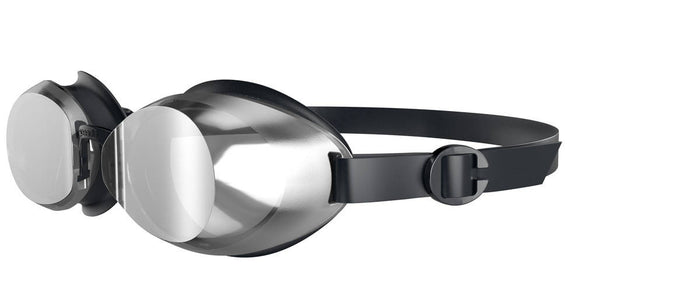 Speedo Jet 2.0 Mirror Goggle in black and silver, featuring a sleek design with reflective lenses for swimming.