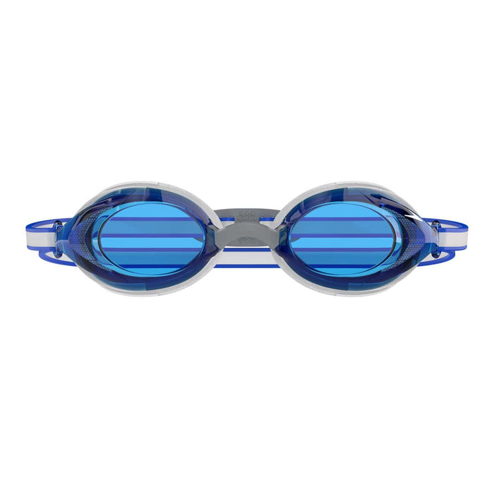 Speedo Junior Vanquisher 3.0 swimming goggles in blue and cobalt, designed for kids, with adjustable straps and clear lenses.