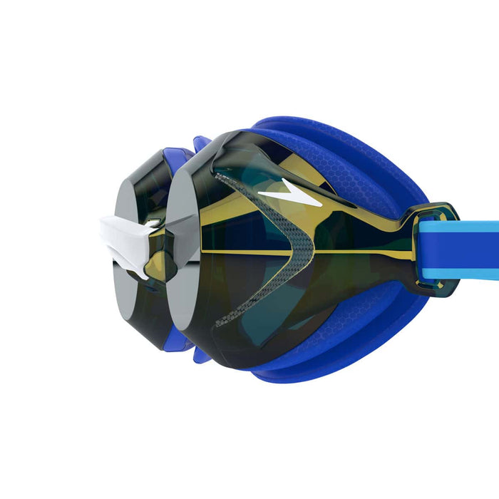 Speedo Junior Vanquisher 3.0 Mirror goggles in cobalt pop, cobalt, and gold mirror lenses, designed for young swimmers.