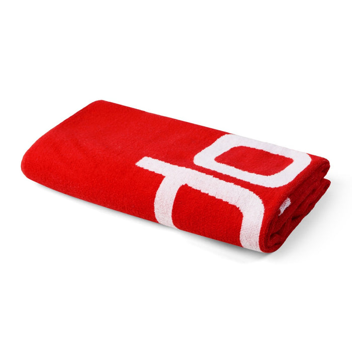 Red and white Speedo logo towel with bold Speedo branding and soft fabric, perfect for swimming and beach days.