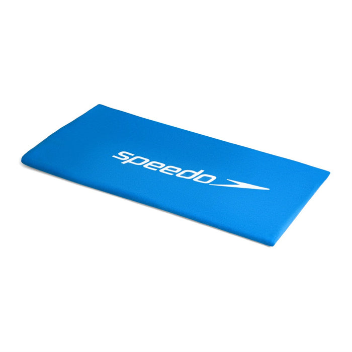 Blue Speedo microfibre towel laid flat, showing soft texture and lightweight fabric, ideal for swimming and sports activities.