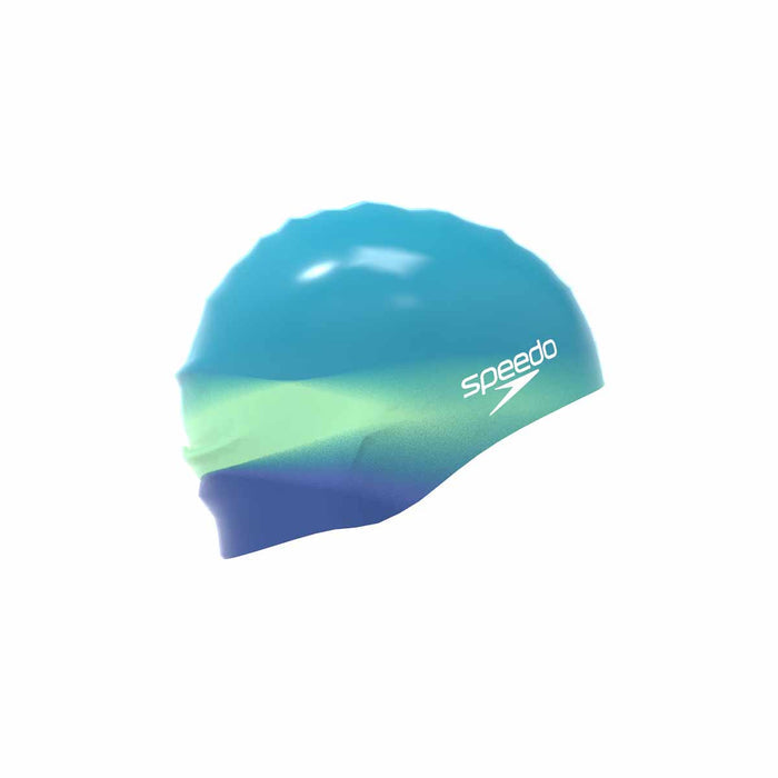 Speedo multi-color silicone swim cap, durable and stretchy, designed for comfortable fit during swimming activities.