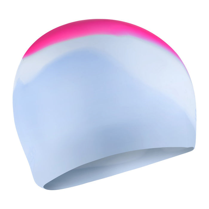 Speedo multi-color silicone swimming cap in blue and purple, designed for comfortable swim hat protection.