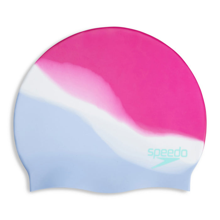 Speedo multi-color silicone swimming cap in blue and purple, designed for comfortable fit and water resistance.