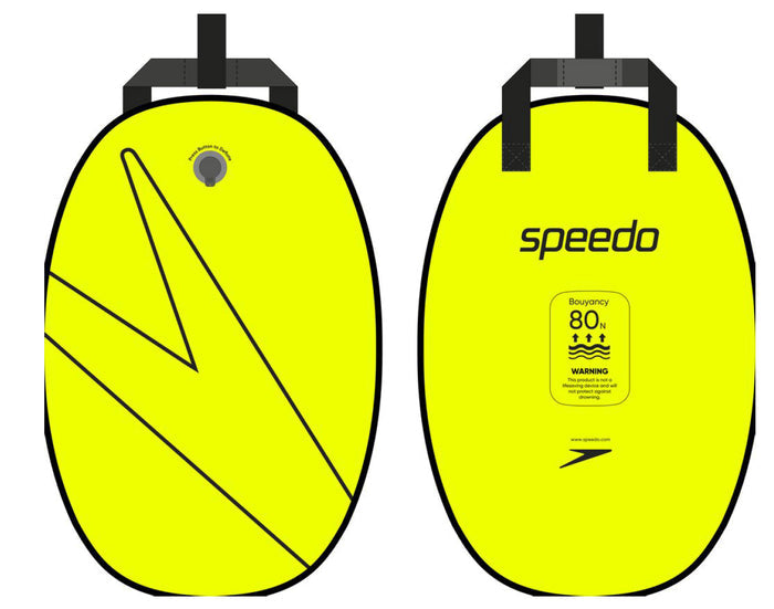 Yellow and black Speedo OW Tow Float designed for swimming training and safety, featuring a streamlined, durable float with adjustable straps.
