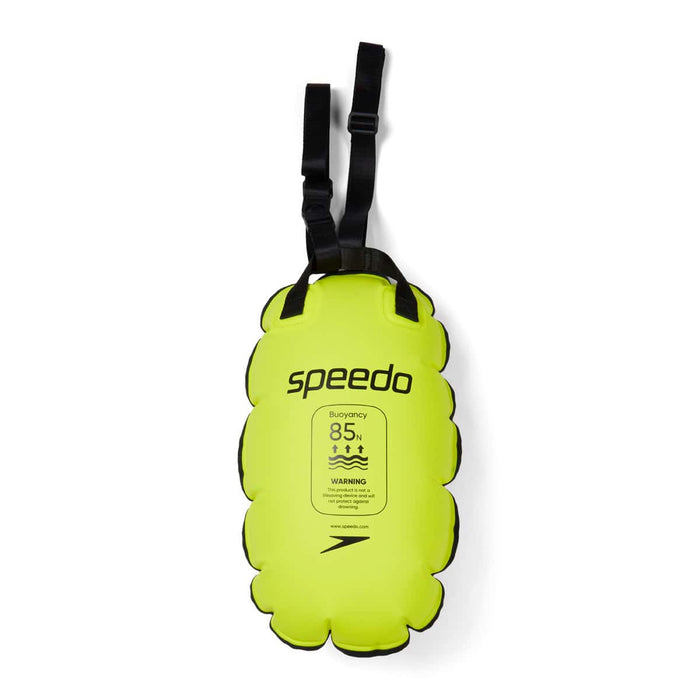 Speedo OW Tow Float in yellow and black designed for swimmers, featuring a streamlined shape and adjustable straps for safety and visibility.