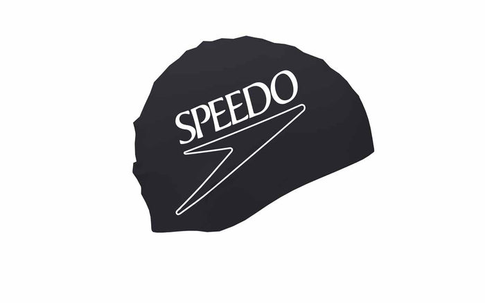 Speedo Printed Biofuse swimming cap in black, streamlined design made for comfortable swim sessions, made by Speedo.
