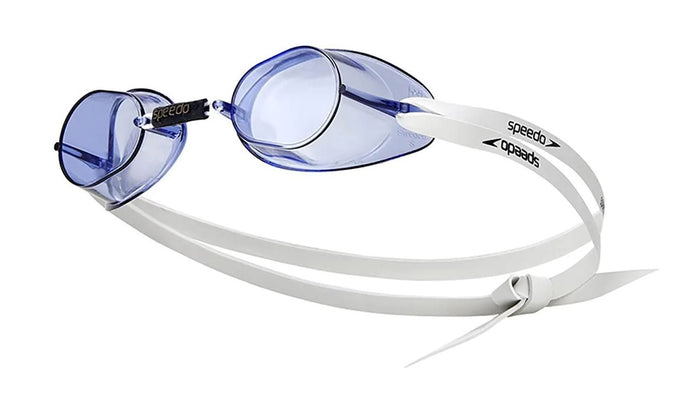 Speedo Swedish blue swimming goggles with adjustable straps and clear lenses for comfortable underwater vision.