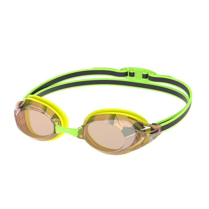 Speedo Vanquisher 3.0 mirrored swim goggles in hyper yellow, grey, and ablaze mirror lenses, designed for competitive swimming.