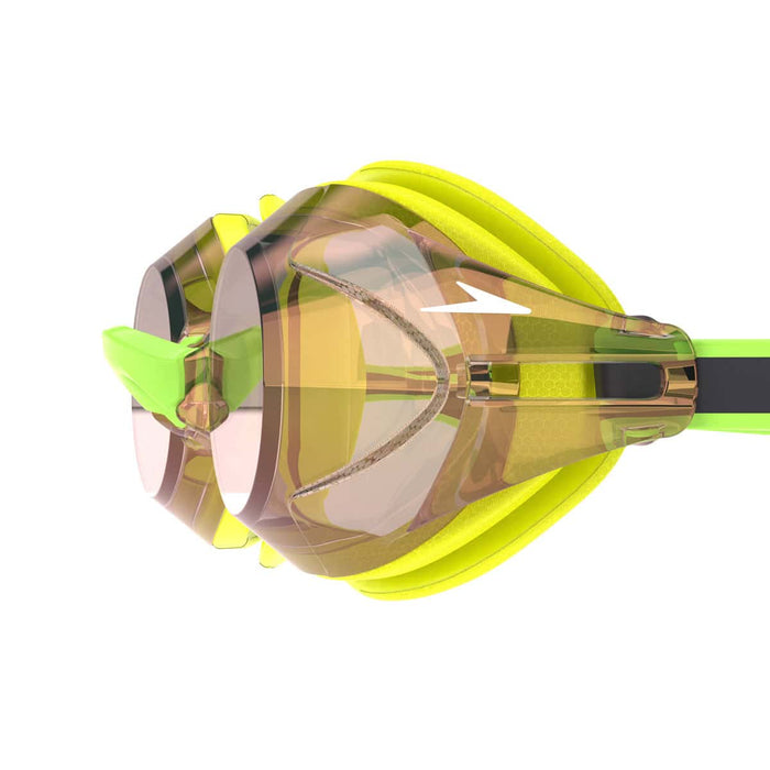 Speedo Vanquisher 3.0 mirrored goggles in hyper yellow, grey, and ablaze mirror with adjustable straps and reflective lenses.
