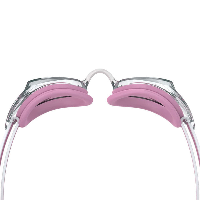 Speedo Women's Vanquisher 3.0 swimming goggles in funny pink and clear with adjustable straps and tinted lenses.