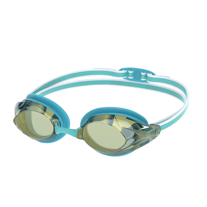 Speedo Women's Vanquisher 3.0 Mirrored Goggles with Bachelor Button, Celeste frame, and gold mirror lenses.