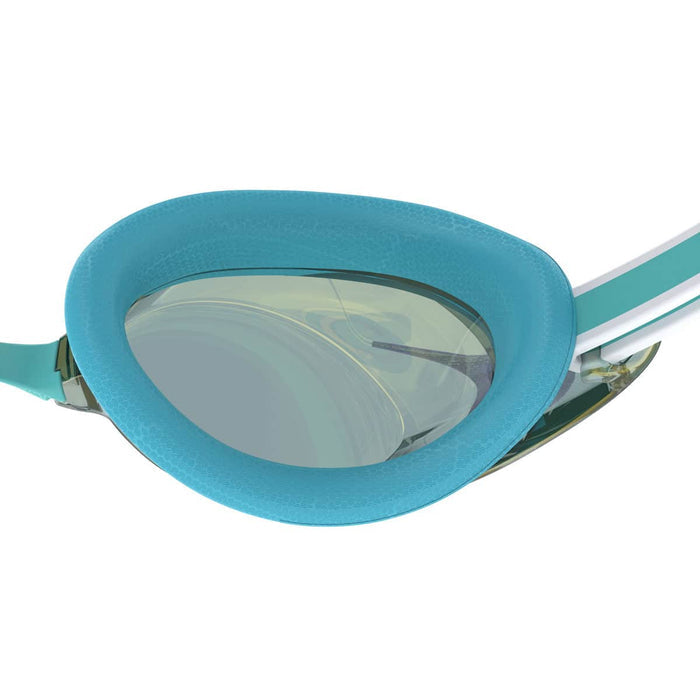 Speedo Women's Vanquisher 3.0 Mirrored Goggles with Bachelor Button, Celeste and Gold Mirror lenses, for comfortable swimming.