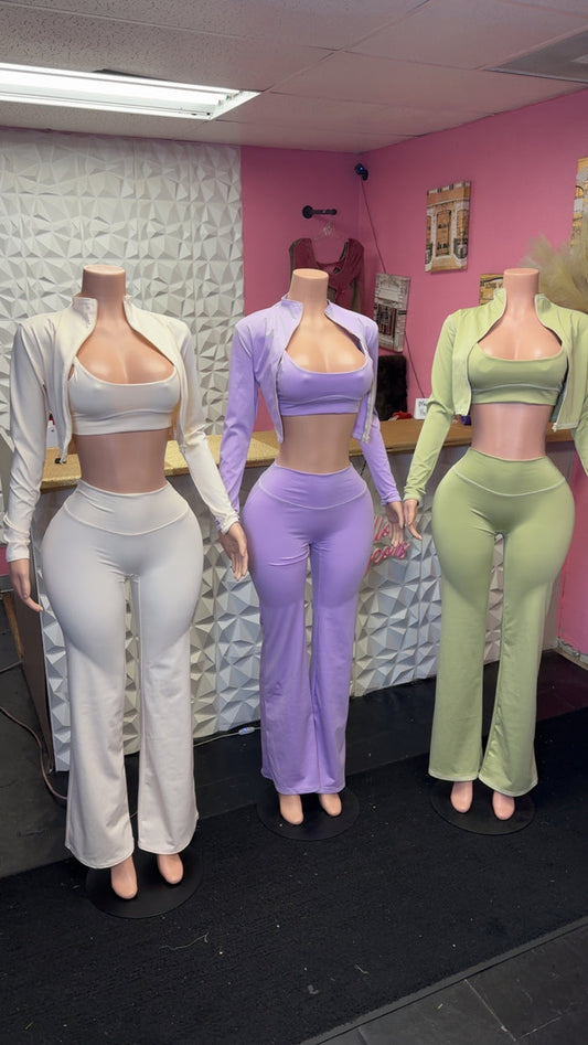 Women’s 3 piece crop top matching pants set in colors off white, purple, green