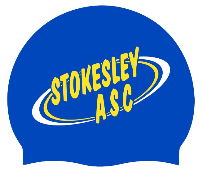 Blue and yellow Stokesley Blue Club logo swimming cap by AK Club Kit, featuring a sleek design for swimming enthusiasts.