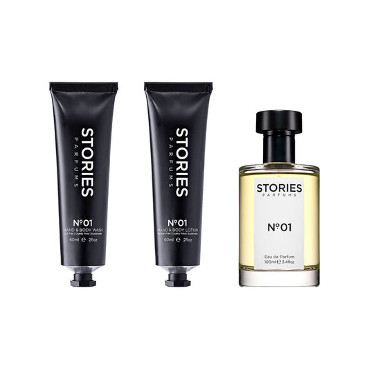 STORIES Nº.01 Fragrance & Body Trio: 100ml Eau de Parfum with 60ml Hand & Body Wash and Lotion