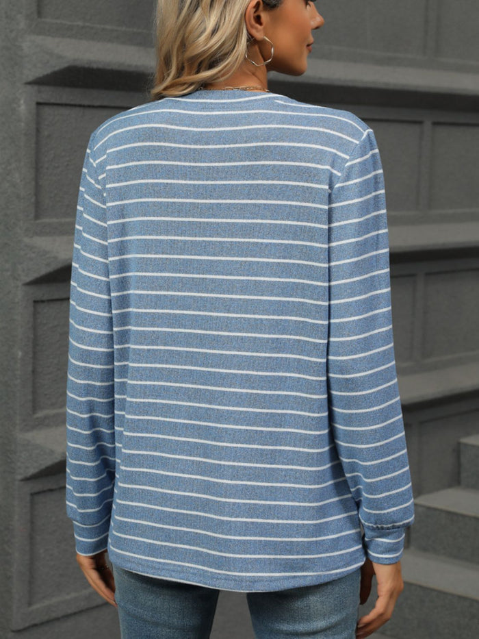 Striped Notched V Neck Long Sleeve Top - 5 colors