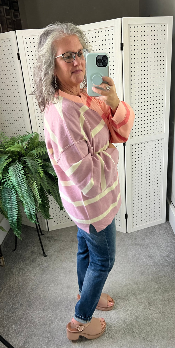 Striped Round Neck Long Sleeve Knit Sweater Top - 4 colors