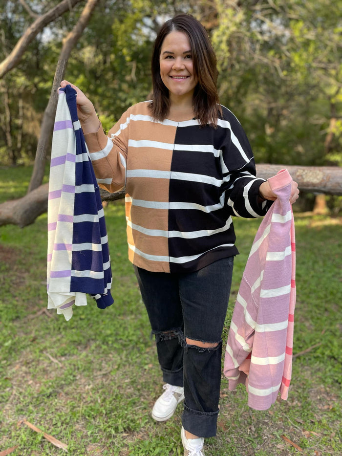 Striped Round Neck Long Sleeve Knit Sweater Top - 4 colors