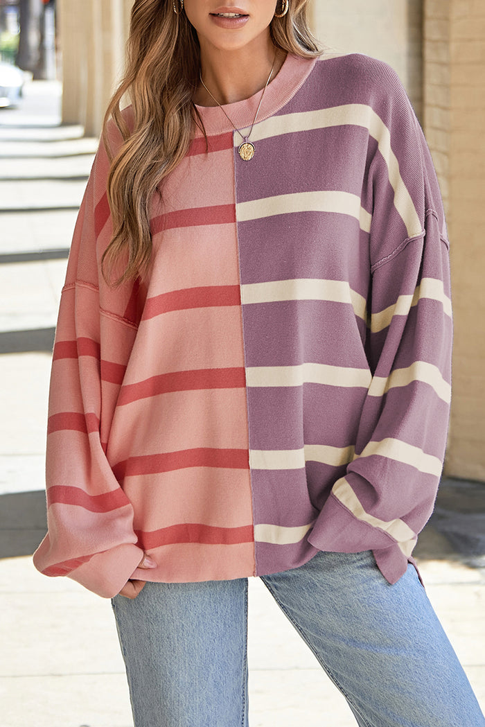 Striped Round Neck Long Sleeve Knit Sweater Top - 4 colors