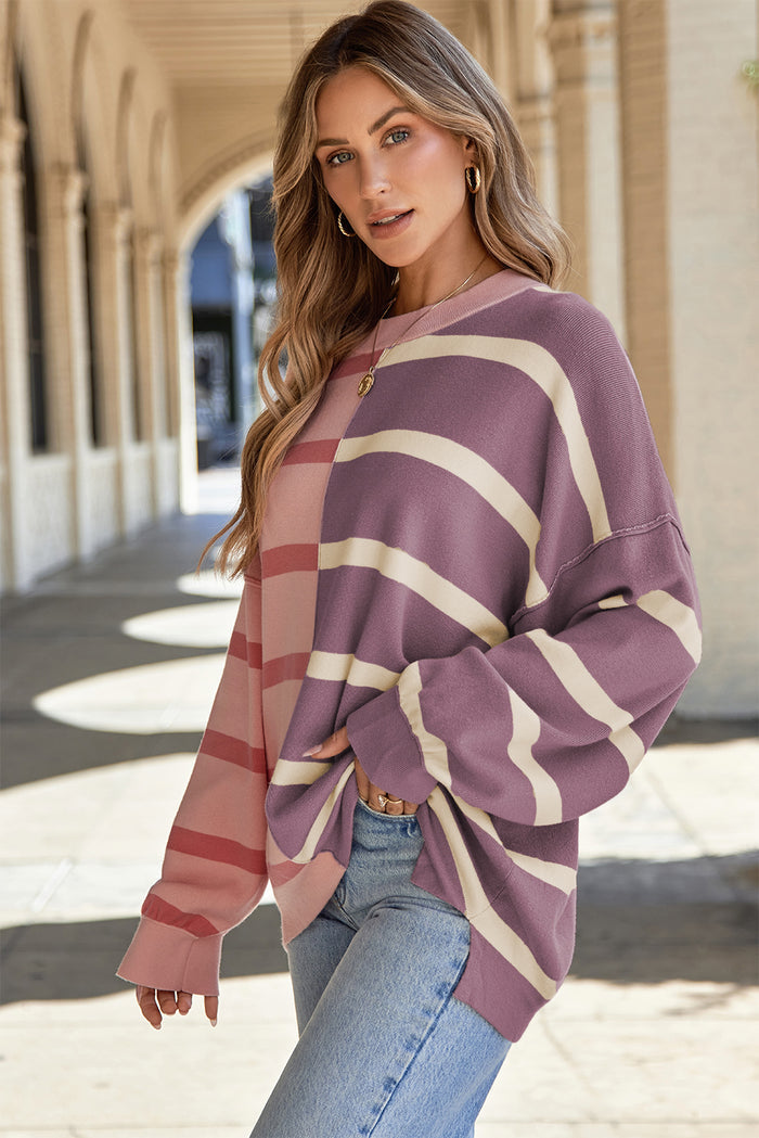 Striped Round Neck Long Sleeve Knit Sweater Top - 4 colors