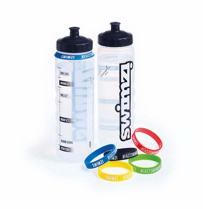 Swimzi Swim Hydration 1L water bottle with clear body and colorful ring design, ideal for staying hydrated during swimming.