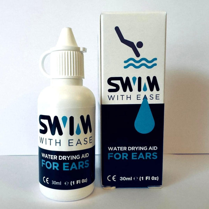 Clear Swim With Ease ear plugs in 30ml container, designed for comfortable water protection and noise reduction during swimming.